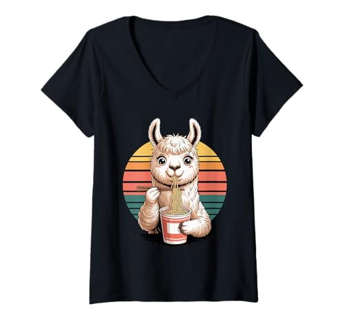 Damen Retro Lama Instant Becher Nudeln Lamas T-Shirt mit V-Ausschnitt Damen Retro Lama Instant Becher Nudeln Lamas T-Shirt mit V-Ausschnitt von Llama Lover Gifts