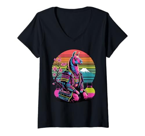 Damen Retro Lama Samurai Lamas T-Shirt mit V-Ausschnitt Damen Retro Lama Samurai Lamas T-Shirt mit V-Ausschnitt von Llama Lover Gifts