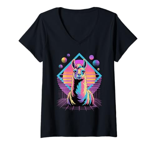 Damen Retro Synthwave Lama Lamas T-Shirt mit V-Ausschnitt Damen Retro Synthwave Lama Lamas T-Shirt mit V-Ausschnitt von Llama Lover Gifts