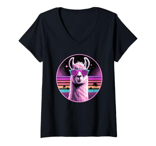 Damen Retro Synthwave Lama Sonnenbrille Lamas T-Shirt mit V-Ausschnitt von Llama Lover Gifts