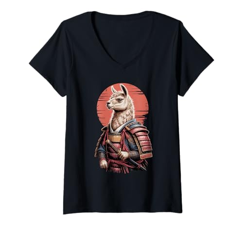 Damen Samurai Lama Katana Schwert Lamas T-Shirt mit V-Ausschnitt Damen Samurai Lama Katana Schwert Lamas T-Shirt mit V-Ausschnitt von Llama Lover Gifts