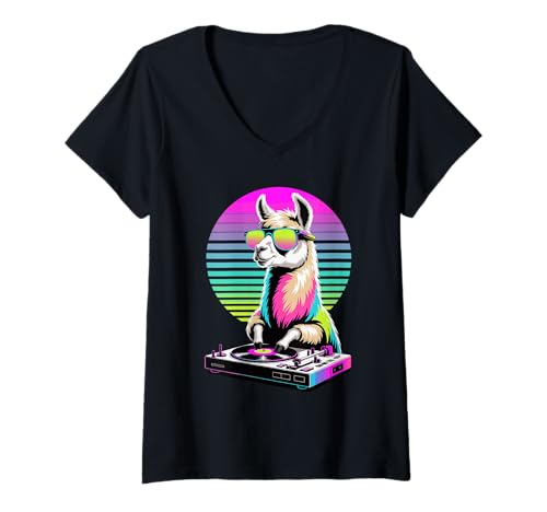 Damen Synthwave Lama DJ Sonnenbrille Lamas T-Shirt mit V-Ausschnitt Damen Synthwave Lama DJ Sonnenbrille Lamas T-Shirt mit V-Ausschnitt von Llama Lover Gifts