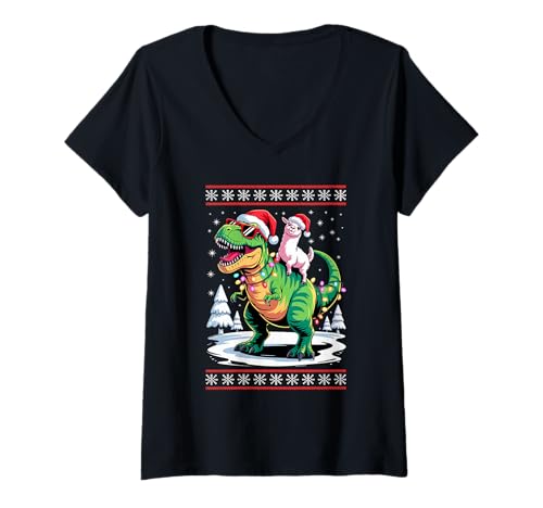 Damen Weihnachten Lama T-Rex Dinosaurier Tyrannosaurus Rex Lamas T-Shirt mit V-Ausschnitt Damen Weihnachten Lama T-Rex Dinosaurier Tyrannosaurus Rex Lamas T-Shirt mit V-Ausschnitt von Llama Lover Gifts