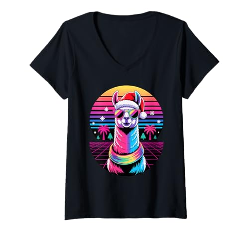 Damen Weihnachten Synthwave Lama Sonnenbrille Lamas T-Shirt mit V-Ausschnitt Damen Weihnachten Synthwave Lama Sonnenbrille Lamas T-Shirt mit V-Ausschnitt von Llama Lover Gifts