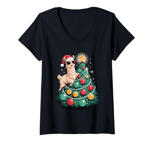 Damen Weihnachtsbaum Lama Sonnenbrille Lamas T-Shirt mit V-Ausschnitt Damen Weihnachtsbaum Lama Sonnenbrille Lamas T-Shirt mit V-Ausschnitt von Llama Lover Gifts