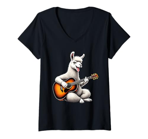 Damen Lustiges Lama, das Gitarre spielt, Design für Musikliebhaber T-Shirt mit V-Ausschnitt Damen Lustiges Lama, das Gitarre spielt, Design für Musikliebhaber T-Shirt mit V-Ausschnitt von Llama Lovers Designs
