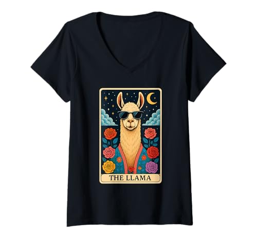 Damen Lama-Tarot T-Shirt mit V-Ausschnitt von Llama Tarot Design