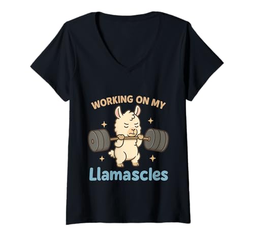Damen Lustiges Zitat Working on My Llamascles, niedlicher Fitness-Humor T-Shirt mit V-Ausschnitt von Llama Workout Motivation Gym Lovers