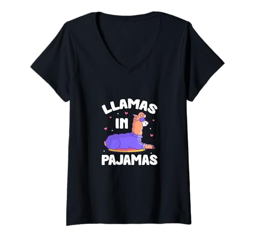 Damen Lamas In Pajamas Lama Slumber Sleepover Party T-Shirt mit V-Ausschnitt von Llamas In Pajamas Gifts