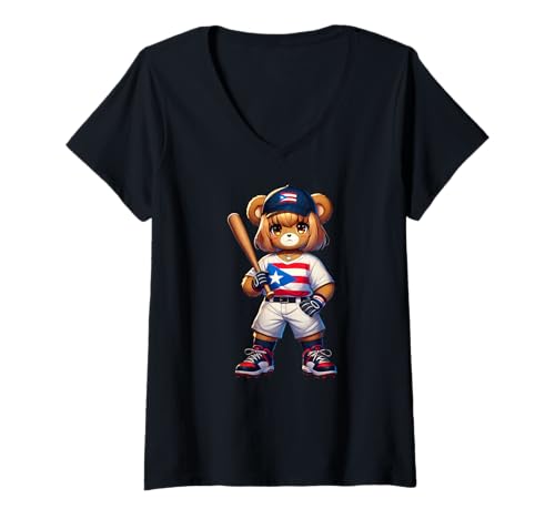 Damen Puerto Rico Flag Softball Womens Baseball Teddy Bear Girl T-Shirt mit V-Ausschnitt Damen Puerto Rico Flag Softball Womens Baseball Teddy Bear Girl T-Shirt mit V-Ausschnitt von Llego El Boricua