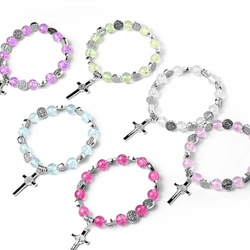 Lllunimon 6 Stücke Bunte Künstliche Kristall Rosenkranzperlen Stretch -Armbänder Mit Kreuzheizen, Katholischer Rosenkranzschmuck Handgefertigtes Gebetszubehör von Lllunimon