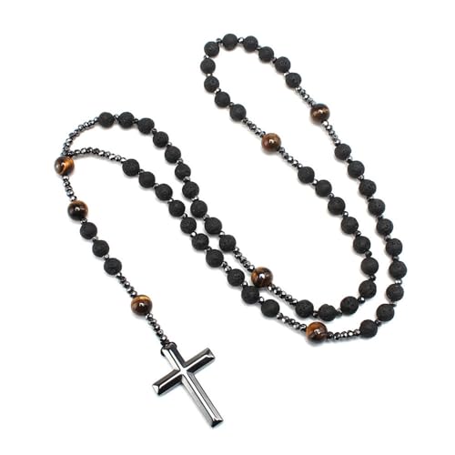 Lllunimon 8 Mm Natürliche Vulkanfelsen Gebet Perlen Kreuzung Halskette Für Männer Frauen, Katholische Handgefertigte Gebetszubehör von Lllunimon