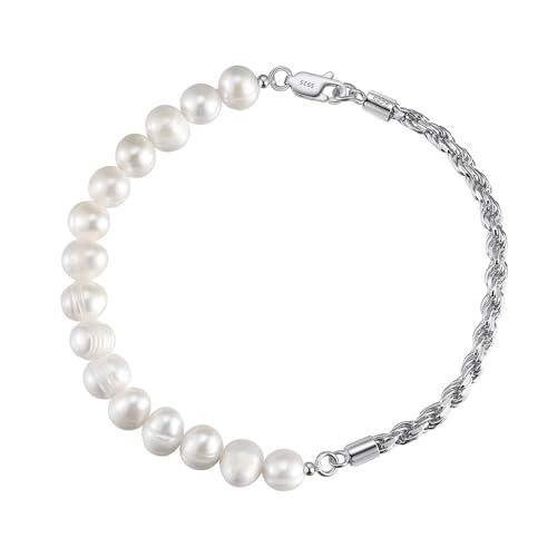 Lllunimon 925 Sterling Silber Armband für Männer Süßwasser Perlenarmband Männer Zierliches Herren Perlenarmband Raffinierter handgefertigter Schmuck von Juwelieren entworfen,Silber von Lllunimon
