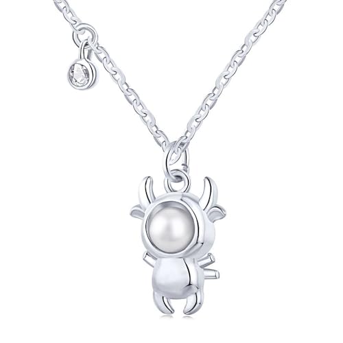Lllunimon 925 Sterling Silber Süßwasser Zuchtperle Halskette für Frauen Kleiner Stier Anhänger Halskette Spiritueller Schmuck für Frauen Tochter Weihnachten Abschlussgeschenke,Platinum von Lllunimon