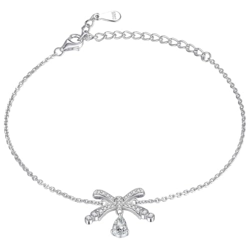 Lllunimon 925 Sterlingsilberarmband für Damen, birnen- und schleifenförmiger Zirkonia-Anhängerarmreif, 18,3 cm verstellbar, tägliches Tragen, Schmuckgeschenk von Lllunimon