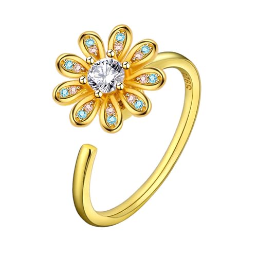 Lllunimon Blume Spinner Fidget Ringe, 925 Sterling Silber Angst Ring für Frauen, nette verstellbare offene Ringe für Teen Mädchen Schmuck Geschenke,Gold von Lllunimon