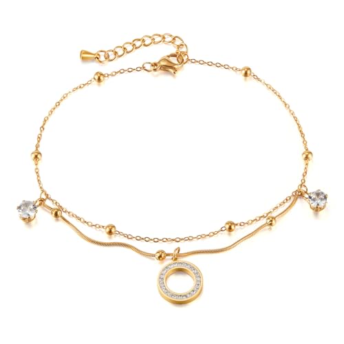 Lllunimon Damen-Knöchelarmbänder Geometrisches Kreis-Set mit Zirkon-Knöchelarmband Verstellbares Knöchelarmband Strandkette Stapelbare Kette Strandgeschenke für Frauen von Lllunimon