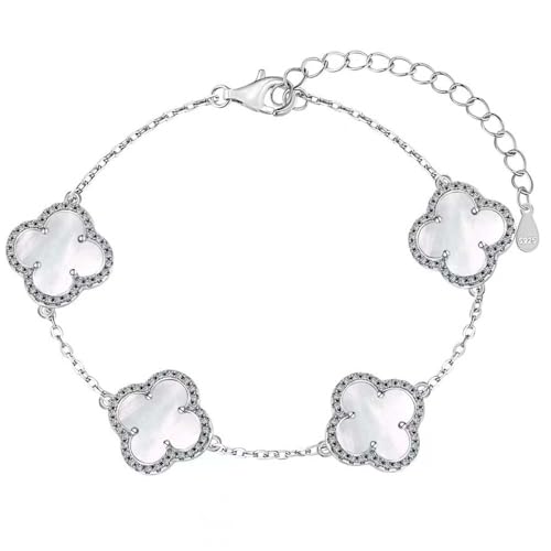 Lllunimon Einzigartiges vierblättriges Kleeblatt Armband für Frauen Männer Weiß Schwarz Grün Lucky Link Klee Armbänder, 925 Sterling Silber Schmuck Weihnachten Valentinstag Geschenke,Weiß von Lllunimon