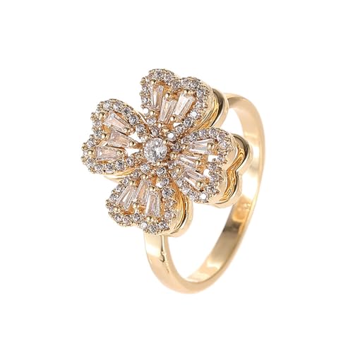 Lllunimon Fidget Spinner Ringe Einstellbare Open Four Leaf Clover Ring Gold Cubic Zirkonia Ring, drehbare Manschette Pinwheel Ring Glückliche Schmuck Geschenke für Freundin von Lllunimon