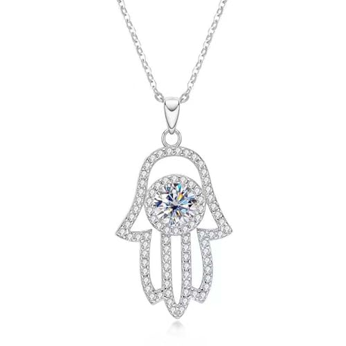 Lllunimon Funkelnde Moissanit Hamsa Hand von Fatima Halskette Sterlingsilber Moissanit Halskette für Frauen Männer Freundin Freund,Silber von Lllunimon