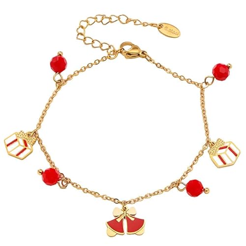 Lllunimon Glocken-Geschenkkasten Element Edelstahl-Armband mit roten Perlen und goldener Kette, eleganter und niedlicher Stil, für Partys geeignet, ein Geschenk für sie. von Lllunimon