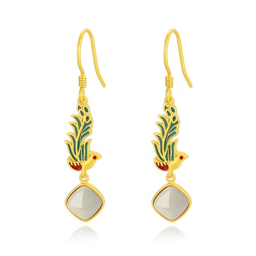 Lllunimon Palaststil Emaille Peacock Jade Ohrringe Gold Plattiert 925 Sterling Silber Hangle Ohrringe Schmuck Geschenke Für Frauen Mädchen von Lllunimon