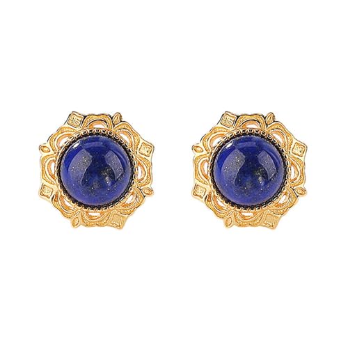 Lllunimon Retro Lapis Lazuli Bolzen Ohrringe Ausgehöhltes Muster Exquisit 925 Sterling Silber Gold-Plattierte Ohrringe Schmuck Geschenke Für Frauen Mädchen von Lllunimon