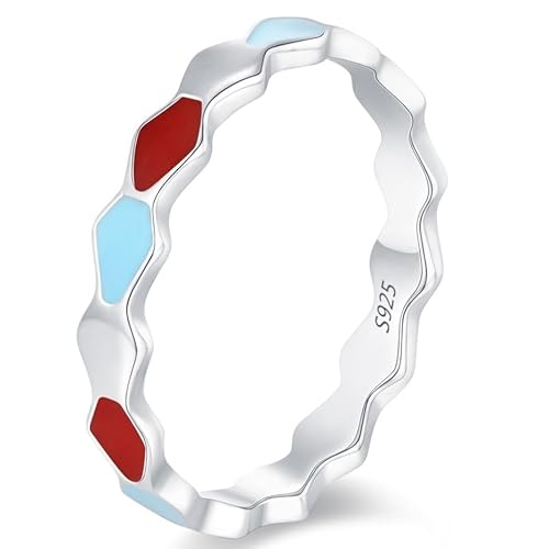 Lllunimon Rot-blau geometrische Elemente S925 Silberring, Emaille-Technik, schlichtes kontrastierendes Schmuckstück für den täglichen Gebrauch, ein Geschenk für sie.,Size 7 von Lllunimon