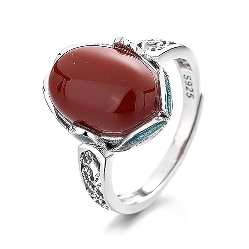 Lllunimon S925 Sterling Silber Rot Achat Stein Ring, Luxus Ausgehöhlt Kostbare Oval Geformt Onyx Edelstein Schmuck Für Frauen Männer von Lllunimon