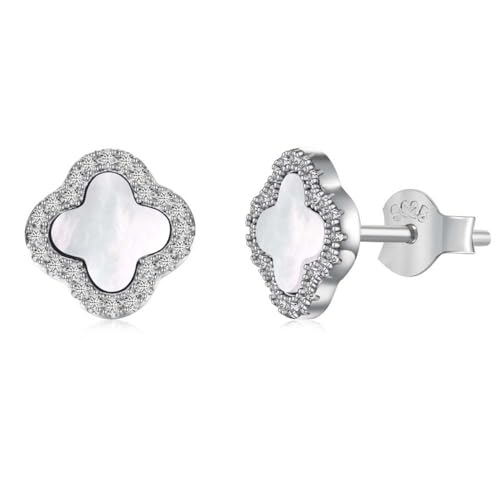 Lllunimon S925 Sterling Silber vier Blatt Klee Ohrstecker Glücksklee Ohrringe für Frauen Schwarz Achat Weiß Muschel Malachit Blau Türkis Ohrringe Modische Schmuck Geschenk,Weiß von Lllunimon