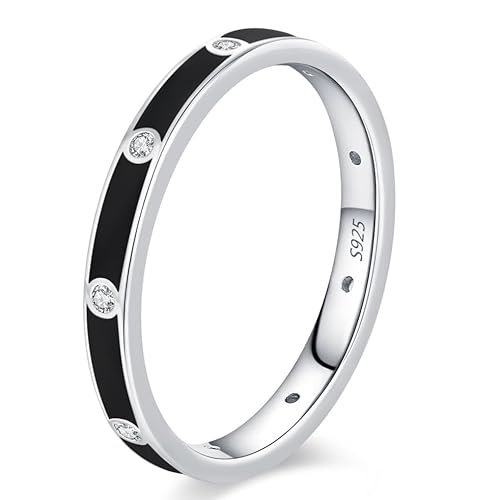 Lllunimon Schwarz-weißer zweifarbiger Emaille S925 Silberring mit Zirkonstein-Einlegekunst, einfache und elegante Schmuckstücke für den täglichen Gebrauch, ein Geschenk für sie.,Schwarz,Size 7 von Lllunimon