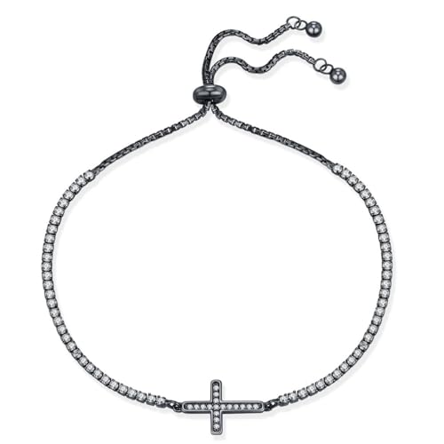 Lllunimon Sterlingsilber dunkles Kreuzarmband, verstellbares Zirkon-Charm-Bangle, christliche Ketten für Frauen, Schmuckgeschenk für sie. von Lllunimon