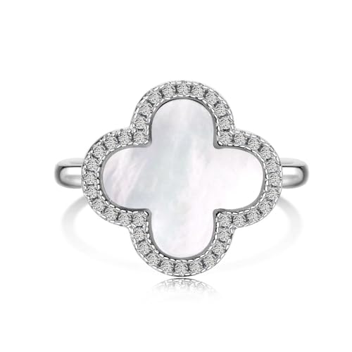 Lllunimon Vier Blatt Klee Ringe Für Frauen • Mutter Der Perle Weiß/Onyx Schwarz Lucky Clover Ringe • Schmuck Geschenke Für Freundin 925 Sterling Silber Ringe,Weiß,Size6 von Lllunimon