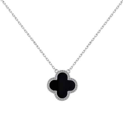 Lllunimon Vierblättrige Kleeblatt Halskette für Frauen zierliches Perlmutt weiß schwarz Onyx grün Glücksklee Anhänger 925 Sterling Silber Schmuck Geschenke,Schwarz von Lllunimon