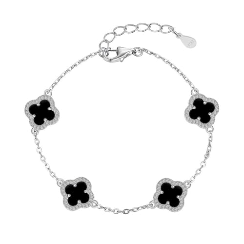 Lllunimon Vierblättriges Kleeblatt-Kettenarmband für Frauen Mutter schwarzer Onyx Perlmutt in 925 Sterling Silber Armband verstellbares Glücksklee-Gliederarmband Schmuck Geschenk für Ehefrau Her,B von Lllunimon