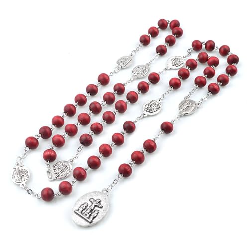 Lllunimon Vintage Rote Hölzerne Rosenkranzperlen Halskette Heilige Bodenmedaille Katholische Rosenkränze Gebet Geschenke Für Frauen Männer von Lllunimon