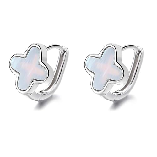 Lllunimon Weiße Perlmutt Klee Creolen 4 Blatt Klee Ohrringe S925 Sterling Silber Huggie Ohrringe Modisches Glücksschmuck Geschenk für Frauen Männer,Silber von Lllunimon