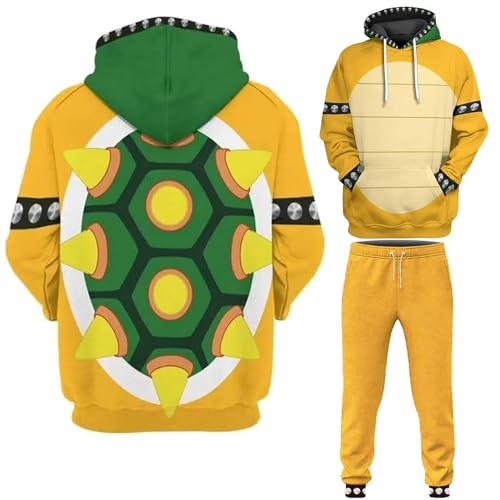 Lmetsky Bowser Cosplay Kostüm Hoodie, Bowser Hoodie Sweatshirt Bowser Hoodie 3D gedruckt Erwachsene Outfit Herren 2 Stück, gelb, Small von Lmetsky