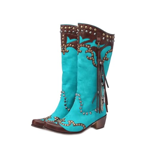 Damen Western Cowboystiefel Quaste Nieten Punk Retro Patchwork Cowgirl Schuhe für Frauen, blau, 38 EU von Lmtossey