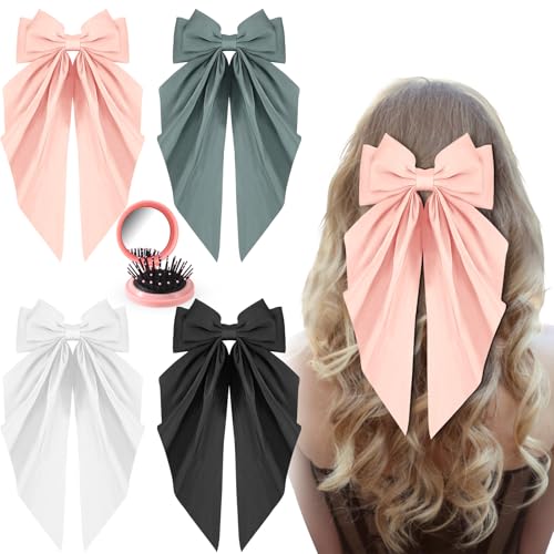 Haarschleifen für Damen und Mädchen, große Schleifen für Haar und Reise-Haarbürste, seidiges Satinband, Metallclip mit übergroßem langem Schwanz, 4 Stück von Lneagabm