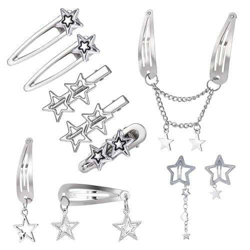 Lnngub 10 Stück Stern Haarspangen, Y2K Silber Stern Haarclips 8 Stile Pentagramm Haarspangen aus Zinklegierung Retro Kawaii Metall Sterne Haarklammern für Damen und Mädchen von Lnngub