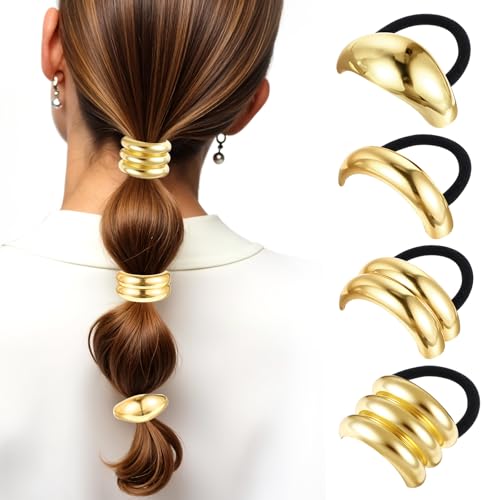 Lnngub 4 Stück Metall Haargummis, 4 Stile Haargummi für Pferdeschwanz Schwarzes Elastisches Haargummi aus Gummi mit Goldfarbenem Metall Kreative Haarschmuck für Damen, Mädchen (Zinklegierung + Gummi) von Lnngub