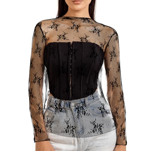 Lnngub Netzoberteil Damen, Spitzen Mesh Bluse Transparentes Mesh Langarmshirt für Damen Rundhalsausschnitt Netzoberteil mit Spitzen Blumenstickerei für Rave-Partys, Valentinstag, Festivals (Schwarz) von Lnngub