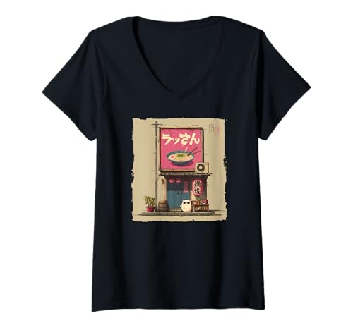 Damen Coole Katze im Ramen Shop Japanische Anime Lo-Fi-Art Geschenk T-Shirt mit V-Ausschnitt Damen Coole Katze im Ramen Shop Japanische Anime Lo-Fi-Art Geschenk T-Shirt mit V-Ausschnitt von Lo-Fi Neko Nights