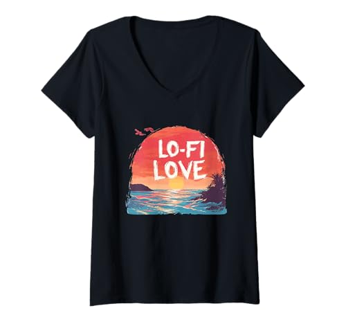 Damen Fantastischer Sonnenuntergang mit Lo-Fi-Musik und Liebe T-Shirt mit V-Ausschnitt Damen Fantastischer Sonnenuntergang mit Lo-Fi-Musik und Liebe T-Shirt mit V-Ausschnitt von Lo-Fi Outfit