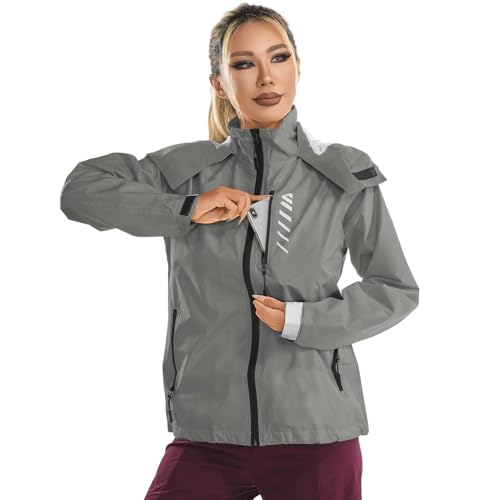 Lo.gas Regenjacken Damen Wasserdicht Radfahren Windbreaker Winddicht Laufjacken Mit Kapuze Leichte Mäntel Mit Taschen Grau L von Lo.gas