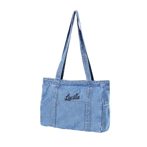 LoLaTide Personalisierte Denim Schultertasche mit Reißverschluss Große Kapazität Canvas Jean Tote Bag mit Namen Retro Denim Umhängetasche (Hellblau) von LoLaTide