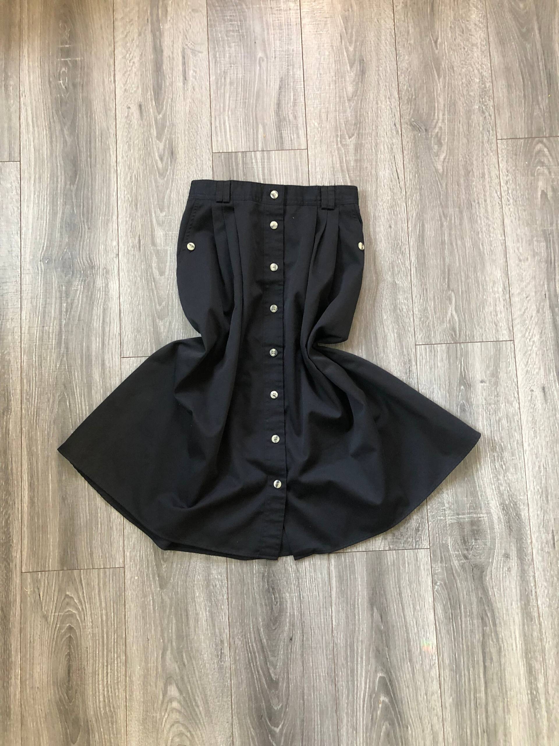 80Er/90Er Diversity Sport Petites Schwarzer Midi Rock, Damen Schwarzer Button Up Vintage 90Er Schwarz Rock von LoVintage716