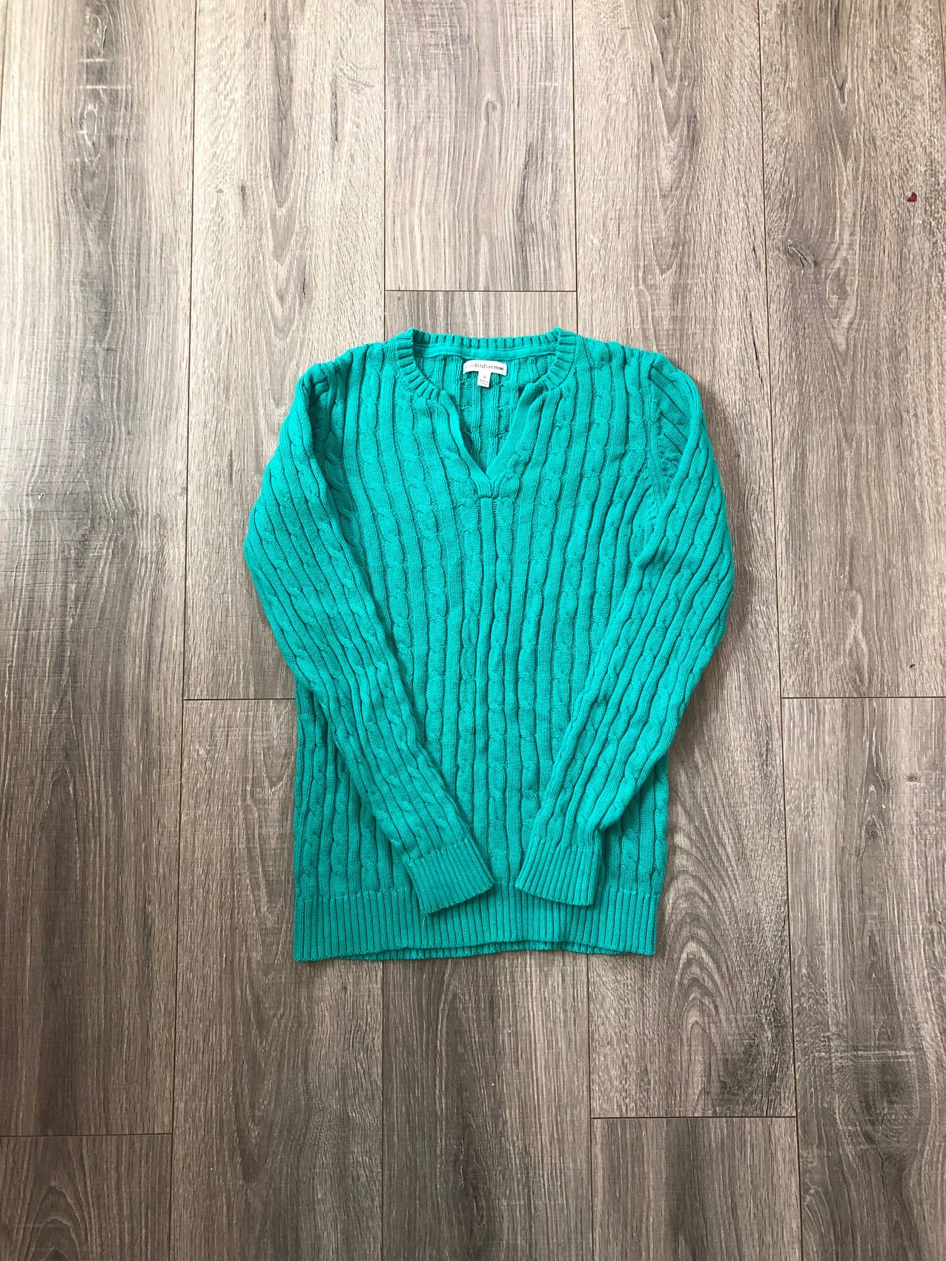 Grüner Langarm-Kabelstrick-V-Ausschnitt-Pullover, Damen-Langarm-Kabel-Strick-Top, V-Ausschnitt Grün Pullover, Unikat Grünes Kabel Strick Top von LoVintage716