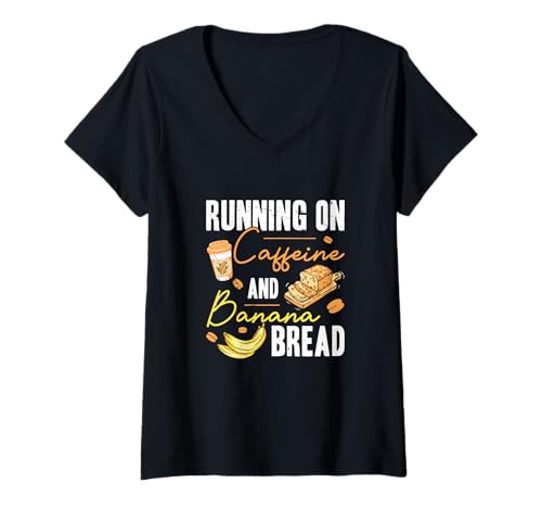 Damen Running On Coffein and Banana Bread Funny Banana Bread Fans T-Shirt mit V-Ausschnitt Damen Running On Coffein and Banana Bread Funny Banana Bread Fans T-Shirt mit V-Ausschnitt von Loaf Of Bananarchy